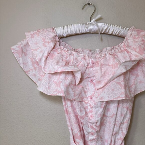 Lisa Marie Fernandez Dress Medium Pink Floral Ruffle Off Shoulder Button - Picture 3 of 10
